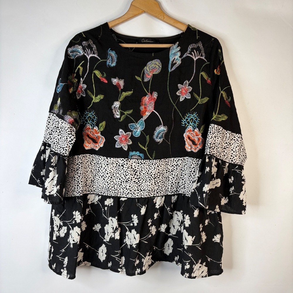 Calessa Blouse Women XL Black Floral Embroidered Mixed Print Bell Sleeve Peplum